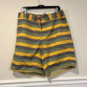 Patagonia Men's Swim Shorts - Gray, Olive and Mustard Stripes size 34 medium